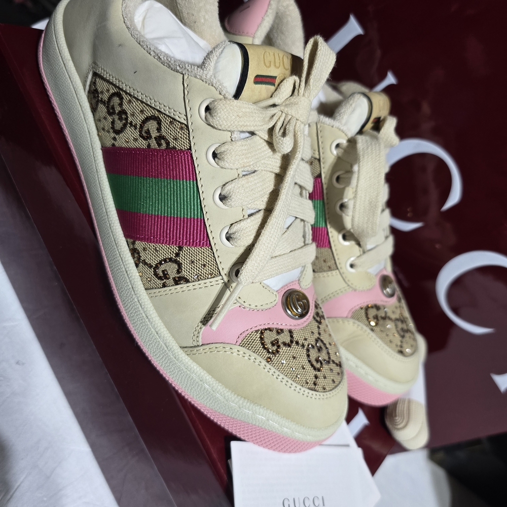 Gucci Beige GG Canvas Low-Top Sneakers with Pink and Green Web